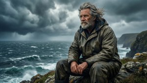 En fisker trodser en stormfuld havklippe