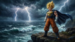 Ultra Ego Vegeta blickar ut över ett stormigt hav med blixtar.