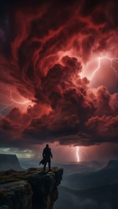 En ensom silhuett ser på en stormfull karmosinrød himmel fra en klippe