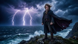 Dramatisk portræt af David Holmes som troldmand på klippe under storm