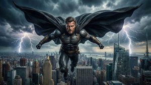 Homelander schwebt durch einen stürmischen Himmel über der Stadt