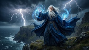 Master HFE sang penyihir memerintahkan petir dari tebing berbadai dalam wallpaper fantasi dramatis ini