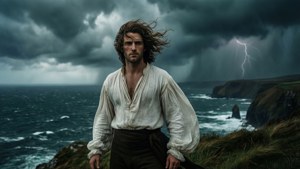 Lord Byron su una scogliera durante una scena di mare in tempesta
