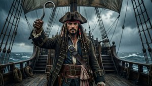 Capitan Uncino sfida la tempesta sulla sua nave.