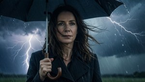 Rebecca Rossellini in een onweersbui met paraplu, stemmig en krachtig.