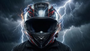 Episk Browns hjelm med lynbolt-effekt og stormfuld baggrund.