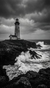 Un faro su scogliere impervie durante un mare in tempesta con nuvole scure.