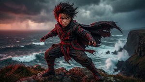 Eustass Kid står modigt på en klippe, mens en storm raser bag ham.