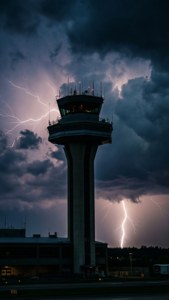 Airport control tower under a stormy sky with lightning. — Airport Picture