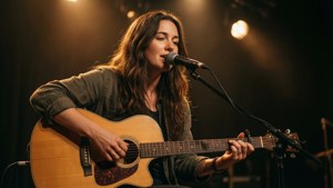 Penampilan akustik intim VH1 Storytellers dengan pencahayaan hangat dan close-up penyanyi