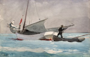 Stowing Sail by Winslow Homer, created 1903, in Transparent watercolor, with touches of opaque watercolor, rewetting, blotting, scraping and graphite, on thick, — Illustration Background