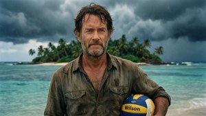 Fond d'écran dramatique de Cast Away avec Chuck Noland et Wilson sur une plage orageuse