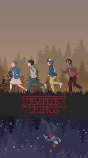 Four children run through a forest with a boy hanging upside down in a dark mirrored reflection below.