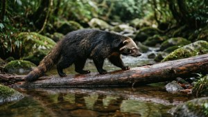Un binturong che cammina su un tronco sopra un ruscello della foresta pluviale.