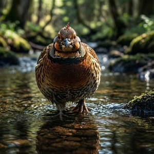 Seekor ayam hutan berdiri di aliran sungai hutan melihat ke kamera, dengan pantulan air dan cahaya berbintik.
