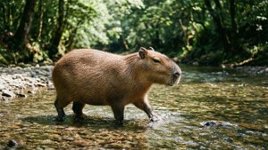 Capybara wading in a forest stream.