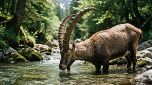 An ibex drinking from a forest stream in soft sunlight.