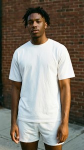 Retrato casual de streetwear de Coby White contra uma parede de tijolos.