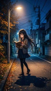 Gezellig anime-achtergrond van een meisje dat een boek leest onder een straatlantaarn op een lege nachtstraat