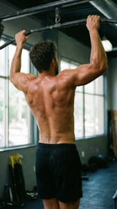 Carlos Newton bouwt kracht op met pull-ups en toont zijn atletische lichaam.