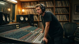 Beck produciendo música en un cálido estudio de grabación analógico