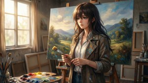 Sachi Umino nel suo studio d'arte, immersa in una luce calda, riflettendo sul suo lavoro.
