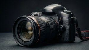 DSLR med teleobjektiv i mørkt studie med kantbelysning