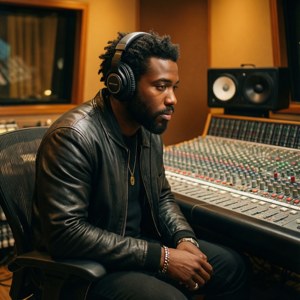 Donald Glover i optagestudiet med hovedtelefoner, fokuseret på musik.