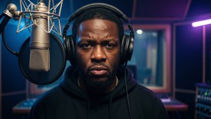 Pharoahe Monch i en svagt upplyst inspelningsstudio, intensivt uttryck.
