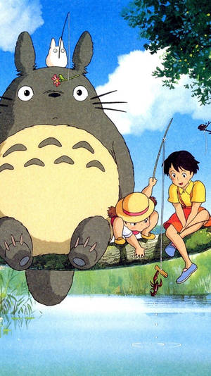 Children fishing with a giant Totoro by a pond on a sunny day. — Studio Ghibli iPhone Picture