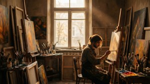 Scena intima di studio di Joseph Vivien circondato da tele e luce calda