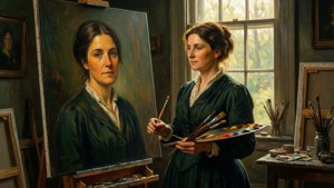 Um retrato pictórico de Mary Nimmo Moran em seu estúdio, banhado por luz natural