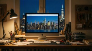iMac in uno studio creativo con vista sulla città di notte.