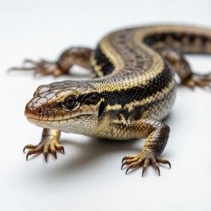 En skink fotograferad i en studiomiljö med vit bakgrund.