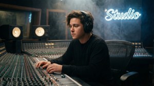Charlie Puth dypt fokusert på musikkproduksjon i et stemningsfullt innspillingsstudio.
