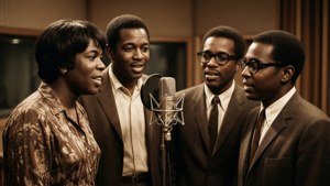 Vintage studio portrait of the Staple Singers in sepia tones