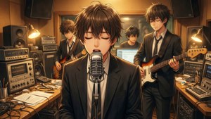 Ídolos do Ensemble Stars em um estúdio de gravação criando música, estilo anime.