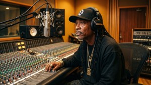 Muzikant in opnamestudio past audiocontroles aan