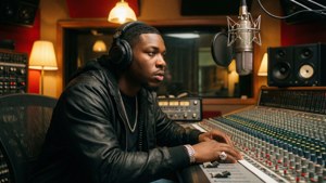 Gunna i innspillingsstudioet ved miksebordet med hodetelefoner