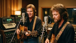 Two men playing acoustic guitars in a recording studio with microphones and vintage gear.