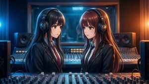 Ritsuka ja Mafuyu äänitysstudiossa kuulokkeilla, tuottamassa musiikkia.