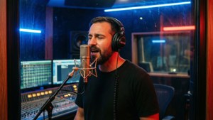 Noah Kahan nimmt Gesang in einem modernen Studio auf.