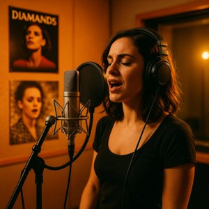 Marina in recording studio with headphones and vintage mic