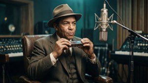 Little Walter i et vintage optagestudie, der spiller kromatisk mundharmonika.