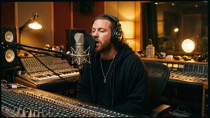 Macklemore optager vokal i et studie med hovedtelefoner og mixerkonsol