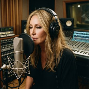 Celine Dion i et innspillingsstudio med hodetelefoner, fokusert og intim nærbilde.