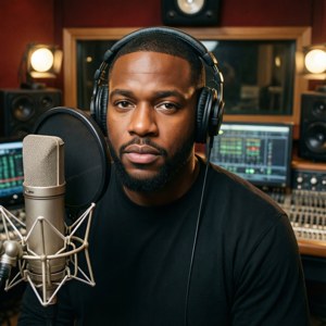 Fabolous neemt op in de studio met een gefocuste uitdrukking en warme verlichting.