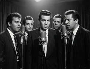 Bill Haley and The Comets i et stemningsfullt svart-hvitt innspillingsstudio