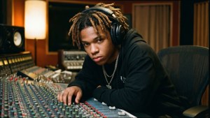 The Kid Laroi i inspelningsstudion fokuserad på mixning, varm belysning.