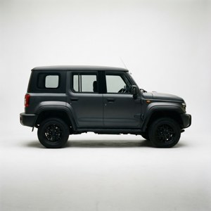 SUV noir mat en profil latéral de studio avec fond blanc propre.